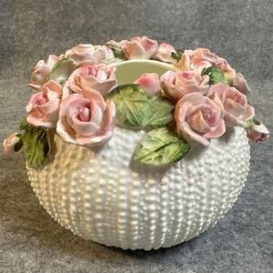 vintage 1987 Seymour Mann "Jolie Fleurs" bone china vase hand-applied pink roses